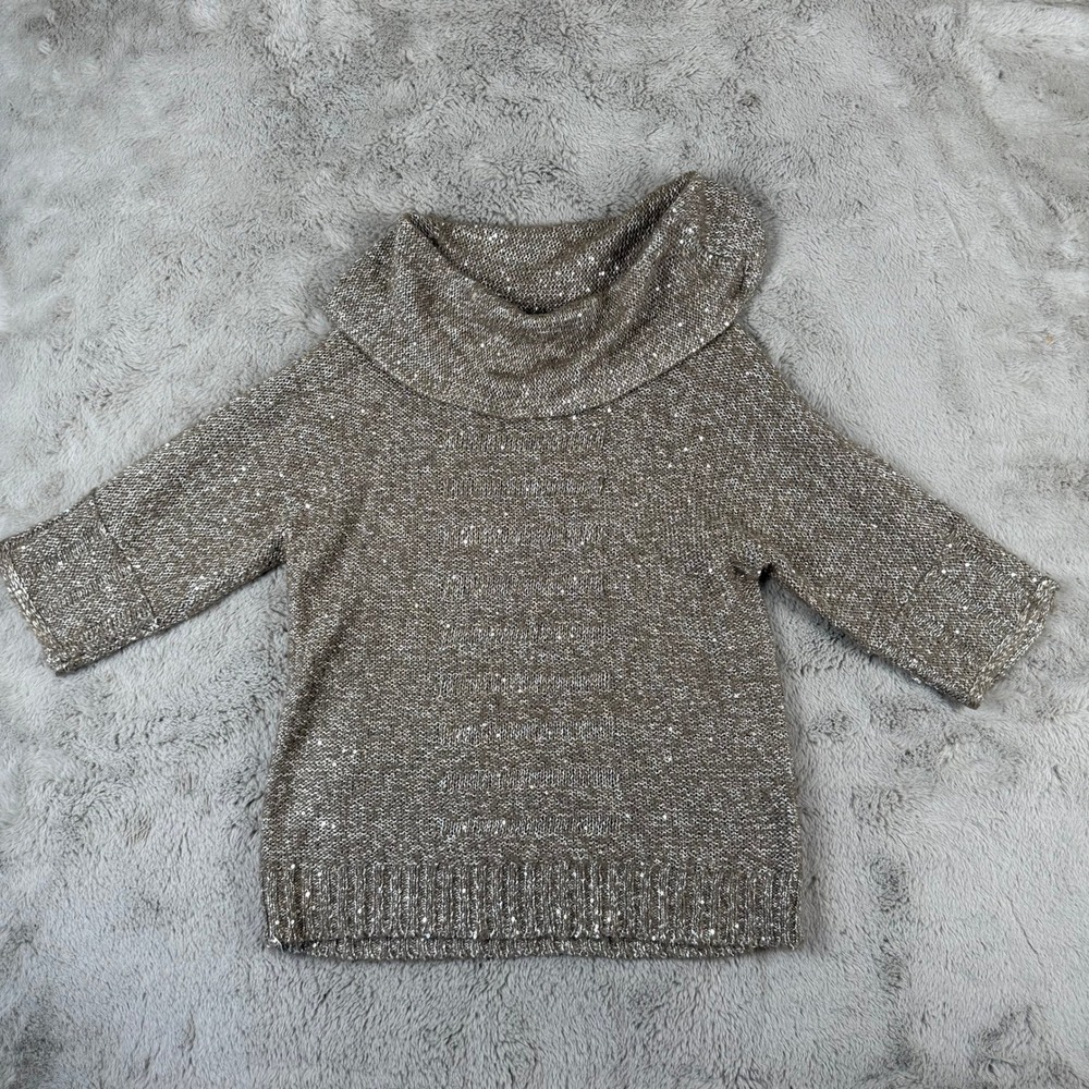 Chico's Sequin Cowl Neck‎ Sweater Sparkly Knit Pullover Top Neutral Size 1